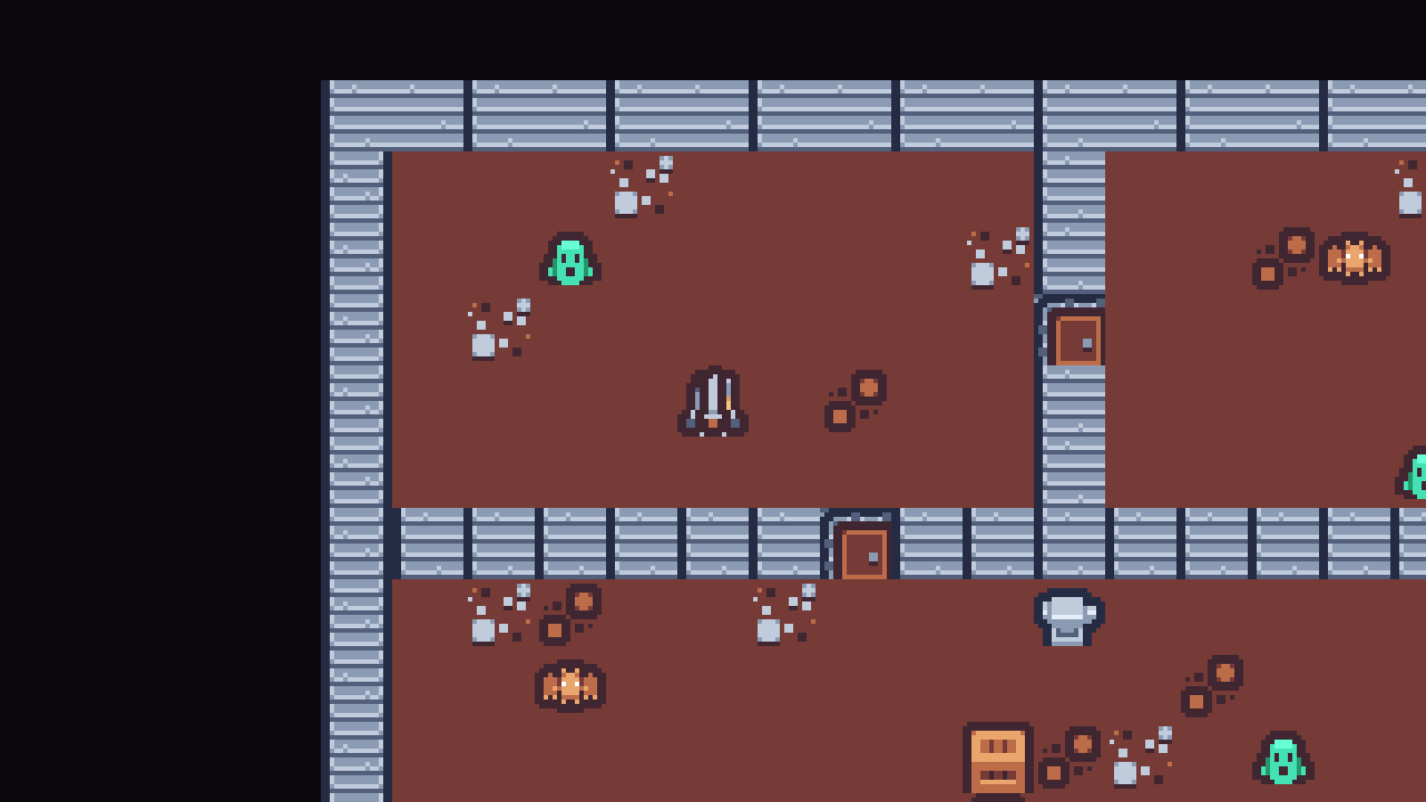 Floor 1 of Cinderhold: the knight at the spawn room with a slime and a bat nearby, grey brick walls and a doorway