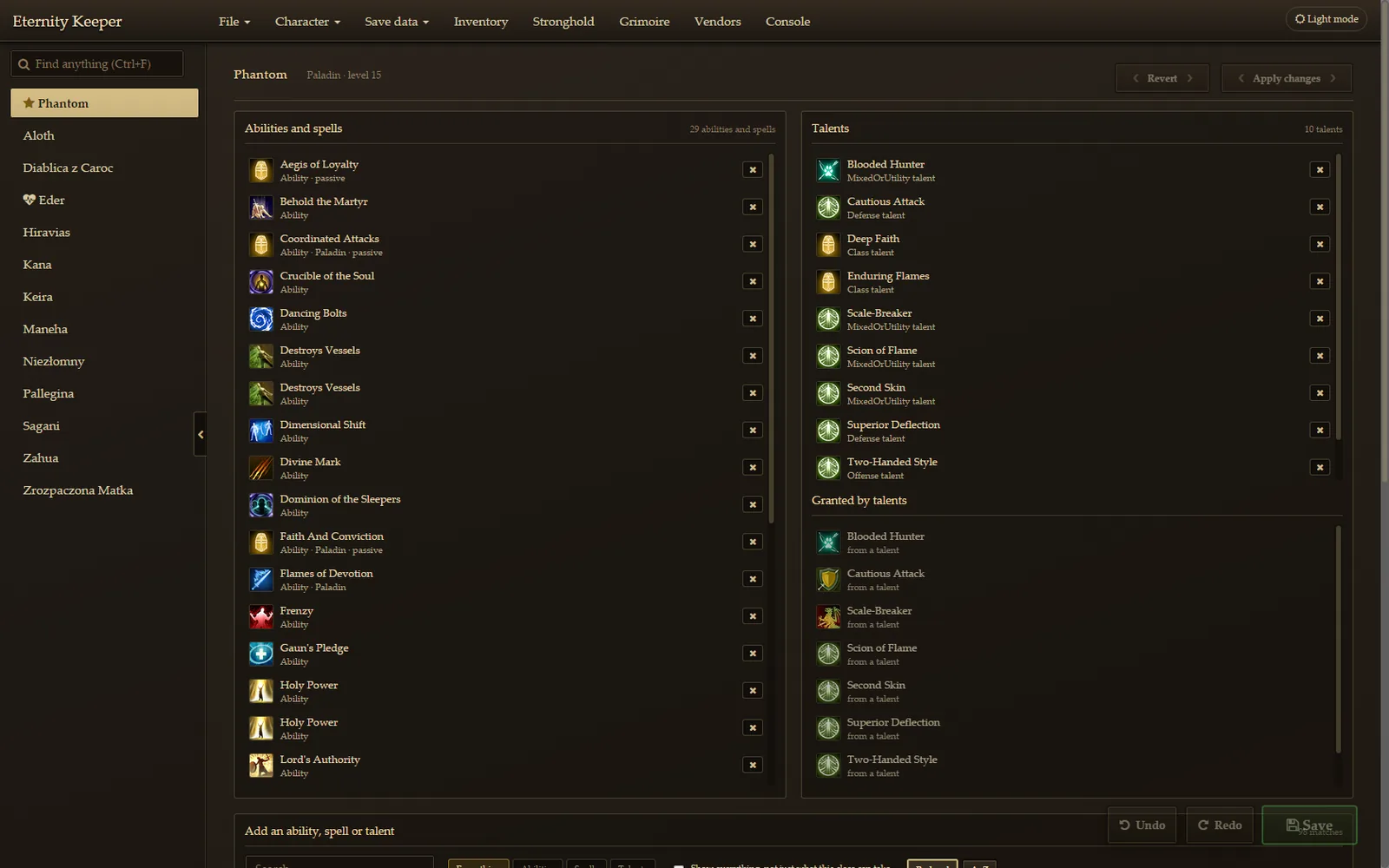 Abilities and talents tab