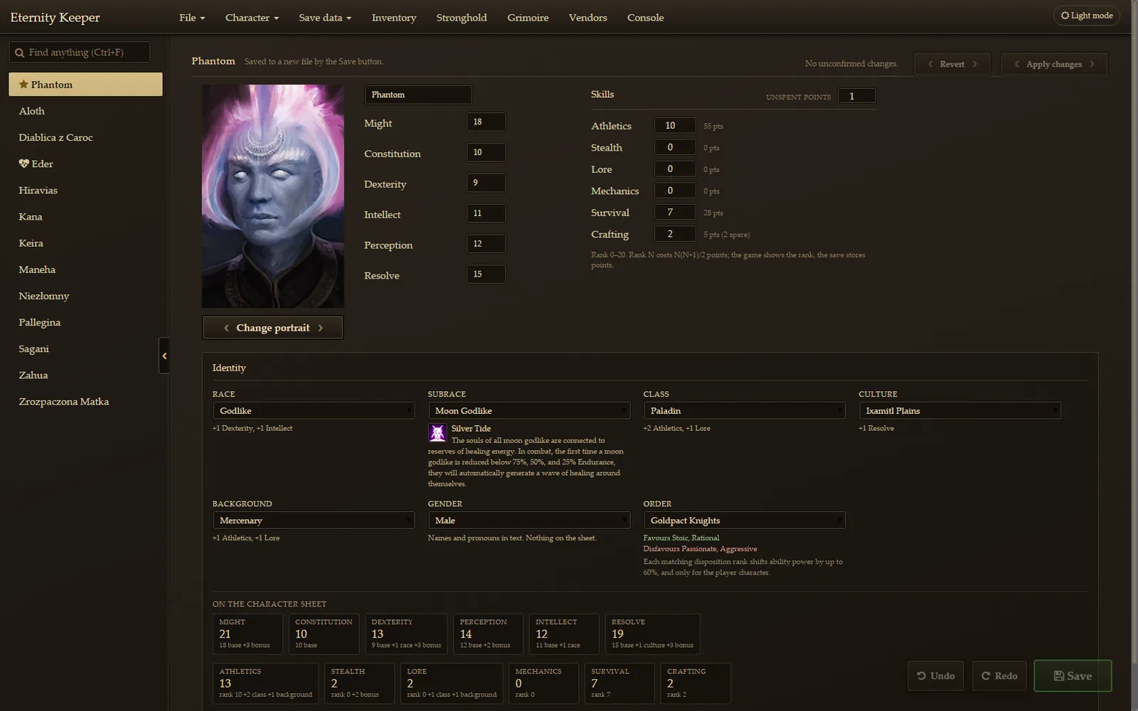 Character tab with attributes, skills, identity and portrait