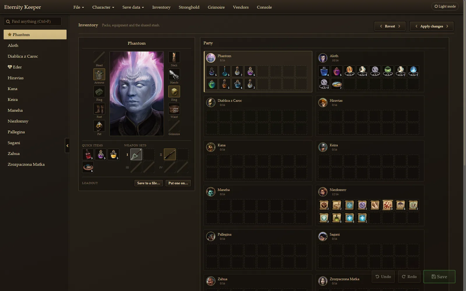 Inventory tab: equipment around the portrait, quick items and weapon sets, every party member's pack