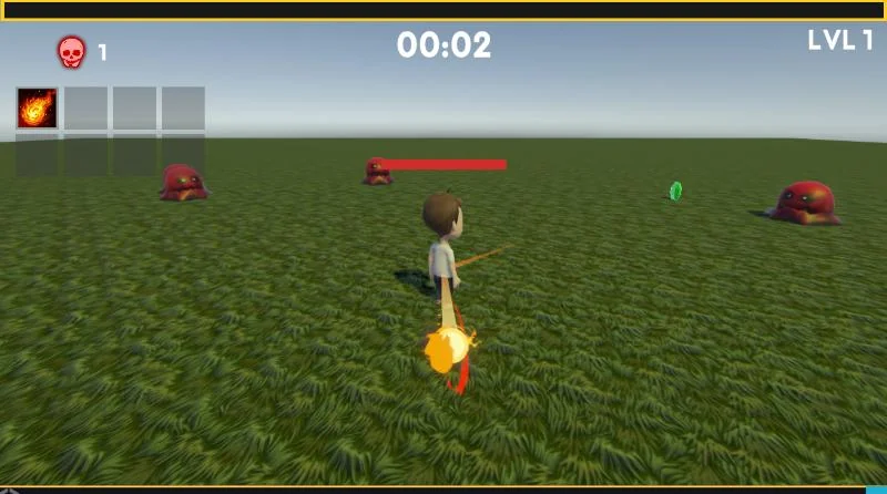 The player in a grass arena with a fireball bursting on a slime, HUD with timer, kills and ability slots