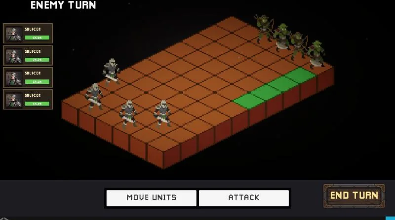 Enemy turn: a goblin's green movement path is revealed before it acts