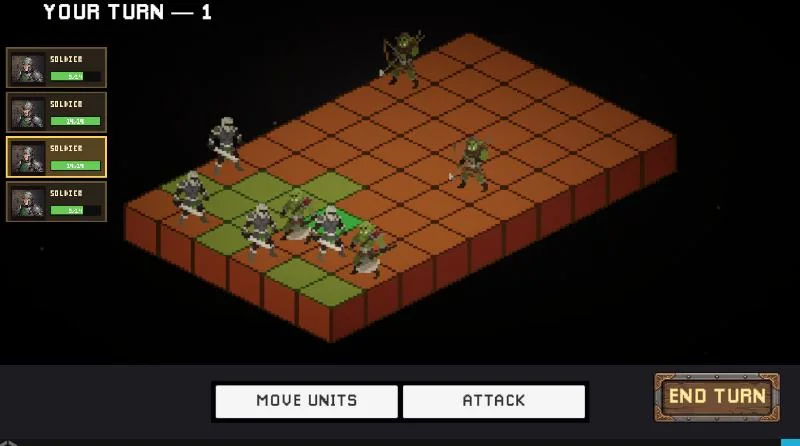 A selected soldier with its reachable tiles highlighted in green